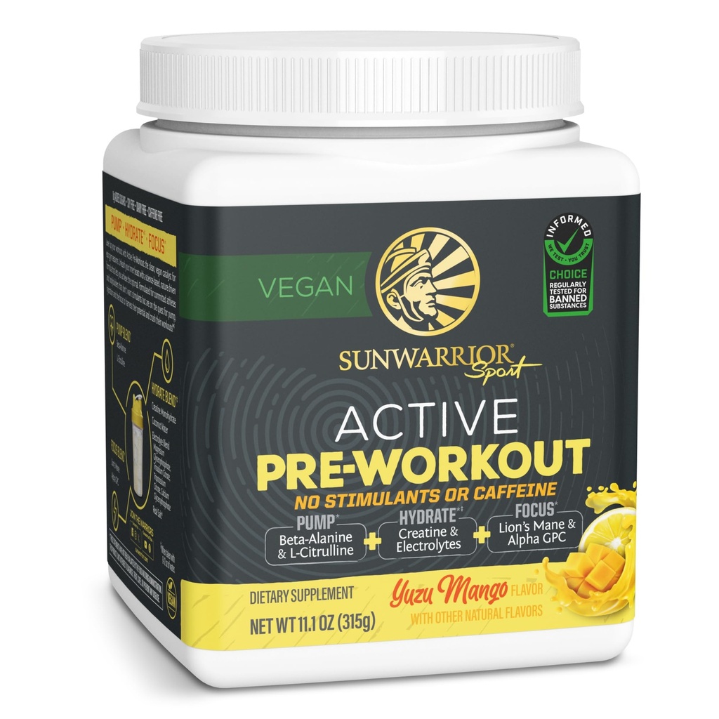 Sunwarrior Pre Workout Powder Energy Drink Non-Stim & Caffeine Free | Vegan Plant-Based Supplement | Pump Hydrate Focus Endurance & Strength Builder | Yuzu Mango Flavored 30 Serving Active Preworkout