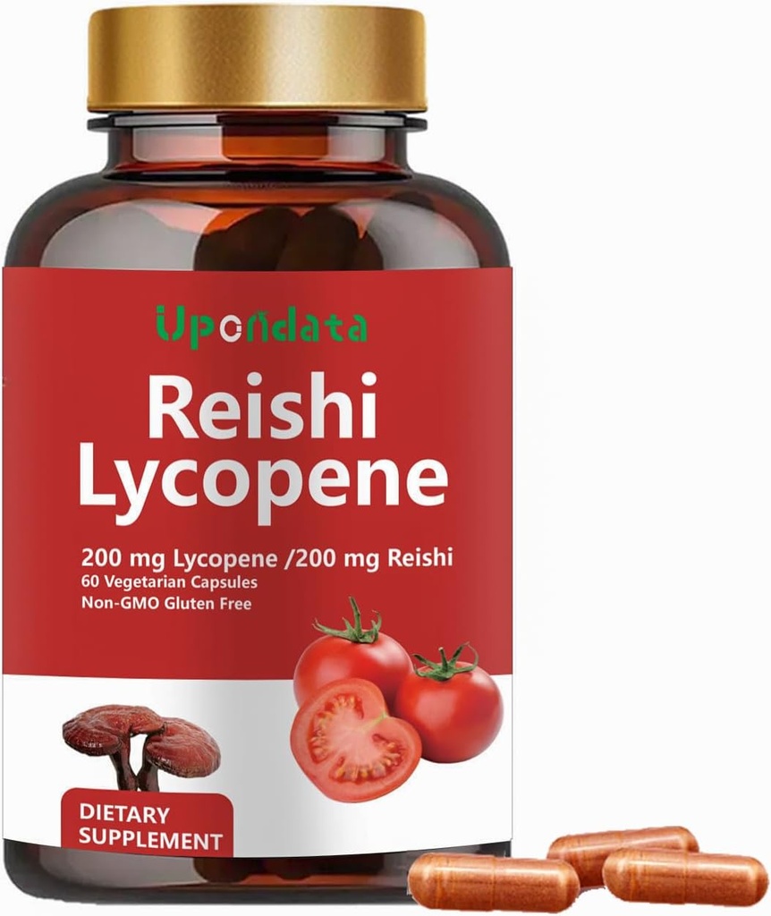 Likopēna kapsulas, dabīgs likopēns 200mg ar Organic Reishi Mushroom 200mg papildinājumu prostatas veselībai un imūnās sistēmas atbalstam - bez lipekļa, bez GMO, 60 kapsulas (1 iepakojums)