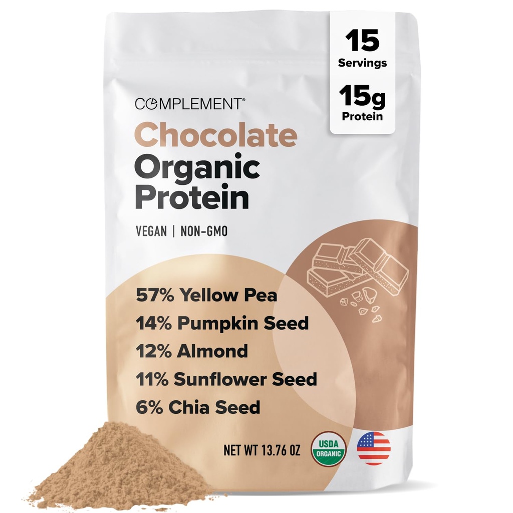 Complement Vegan Chocolate Protein Powder - Organic Protein Low Carb, Low Calorie, Sugar Free, Soy Free, Non-GMO, Gluten Free - 15g Yellow Pea, Pumpkin Seed Plant-Based Protein (15 Servings)