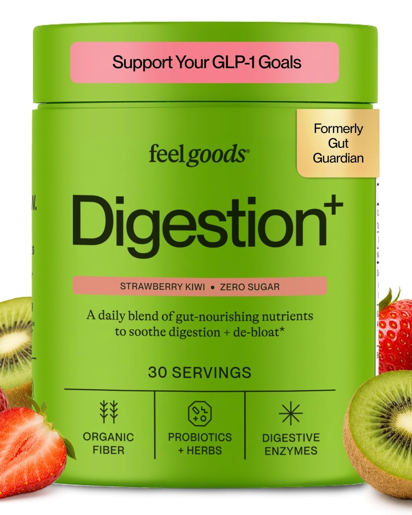 Feel Goods Digestion+, Gut Health, Organic Fiber & Probiotic Drink Mix, Digestive Enzymes for Bloating Relief, Gut Cleanse - Gut Guardian Fiber with Prebiotics - Zero Sugar, 30 Count