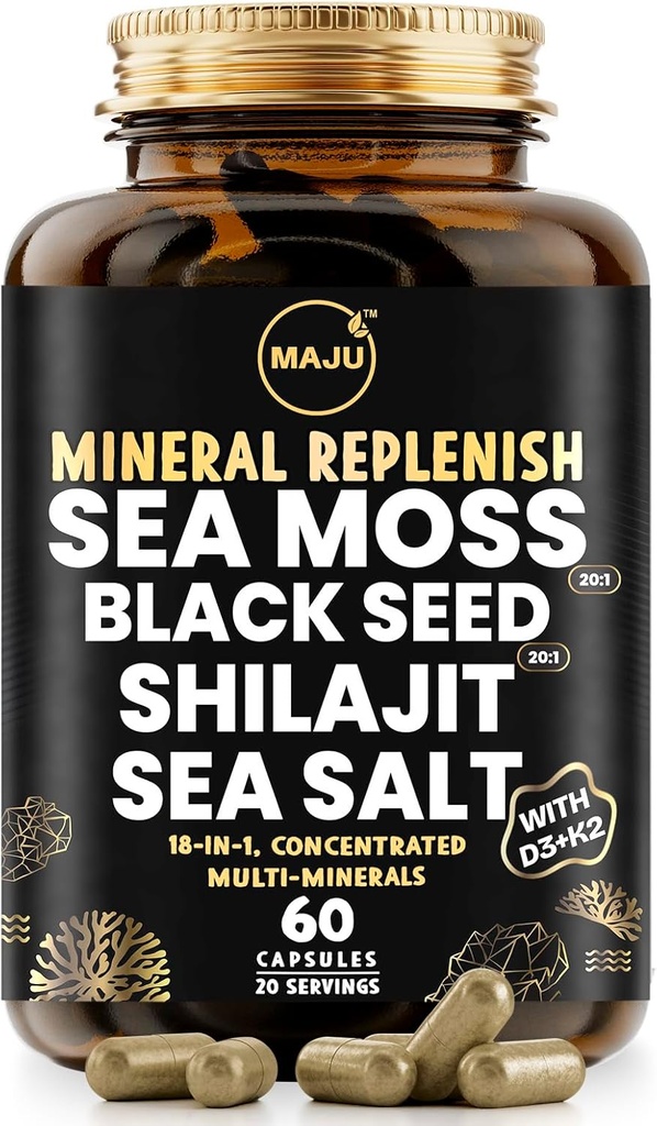Maju Superfoods 18- in-1 Sea Moss, Black Seed, Shilajit, Sea Salt + D3 & K2, Koncentreret Ekstrakter, Trace Multi Mineral Capsules, for Mænd & Kvinder Mineral Electrolytes Kosttilskud