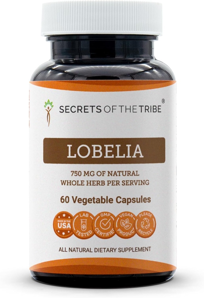 Secretos de la Tribe Lobelia 60 cápsulas, 750 mg, Lobelia cultivada responsablemente (Lobelia Inflata) Herb seco (60 cápsulas)