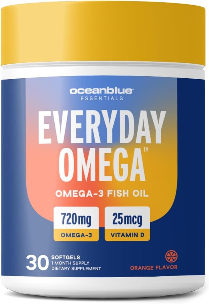 Oceanblue Omega 3 Supplement for Women | Burpless Fish Oil 720mg with Vitamin D3 | Heart Immune Support, Molecularly Distilled Orange Flavor (30 Count One a Day Omega)