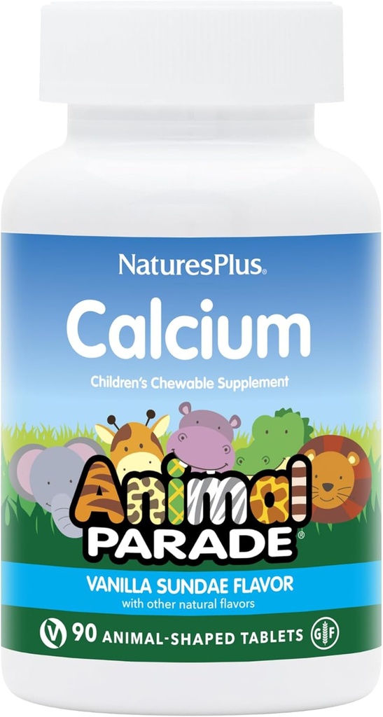 NaturesPlus Animal Parade Calcium, Vanilla Sundae Flavor - 90 Animal-Shaped Chewable Tablet - Sustatzen Hezur Osasuntsuak - Vegan, Gluten Free - 90 Zerbitzu guztira