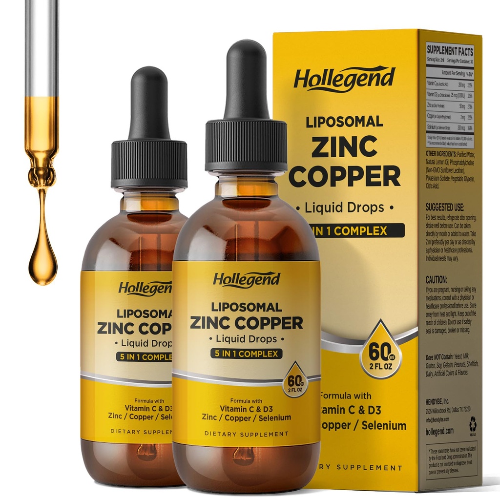 Liposomal Zinc Copper Liquid Drops, 50mg Zinc Picolinate with Copper, Selenium, Vitamin C&D3 for Immune & Thyroid Support, Fast-Absorbing Mineral Supplements for Men & Women, Blueberry, 4 Fl Oz
