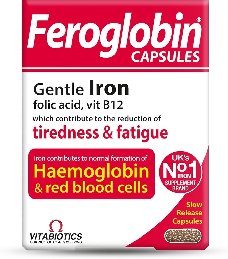 UK's Feroglobin Capsules | Gentle Iron Reduce Tiredness & Fatigue | 30 Count (Pack of 2)