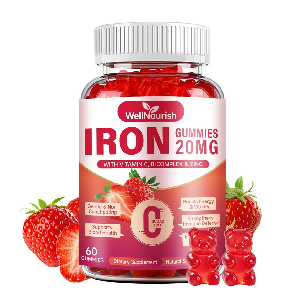 Iron Supplement Gummies for Women & Kids, 20mg Gentle Iron with Vitamin C, Sugar Free Strawberry Blood Builder, Non-Constipating, B12 Folate Zinc, No Metallic Taste, 60 Count