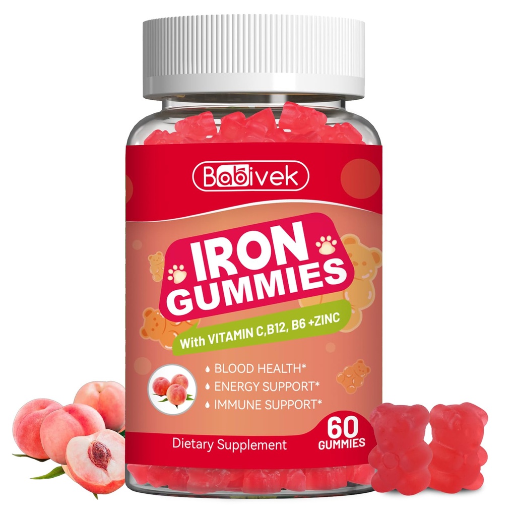 Iron Supplement Gummies for Women & Men - Iron Gummies with Folate Vitamin C B12 B6 Zinc, Peach Flavor, Vegan 60 Gummies