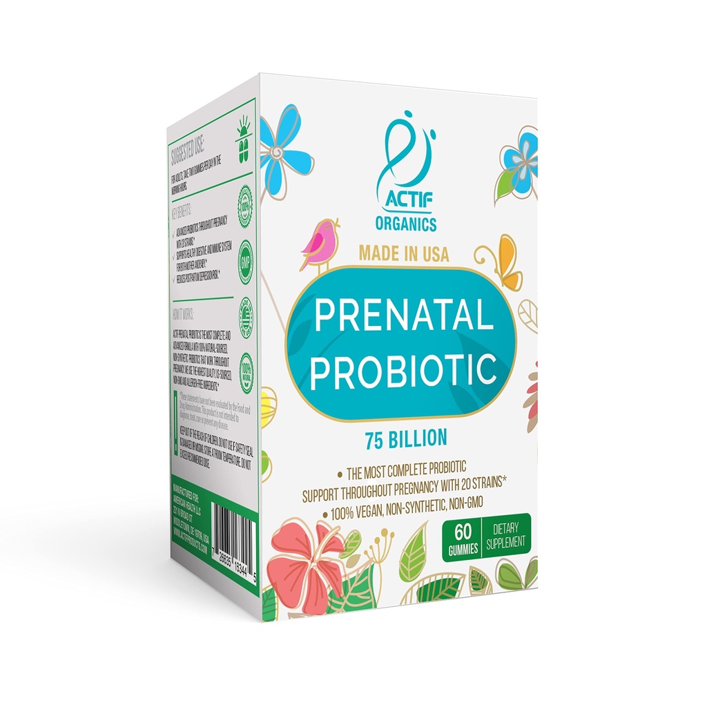 ACTIF Prenatal Probiotic Maximum Strength with 75 Billion CFU and 20 Strains, Immunity and Gut Support, Zero Nausea Formula - Made in The USA, 60 Gummies, Strawberry Flavor