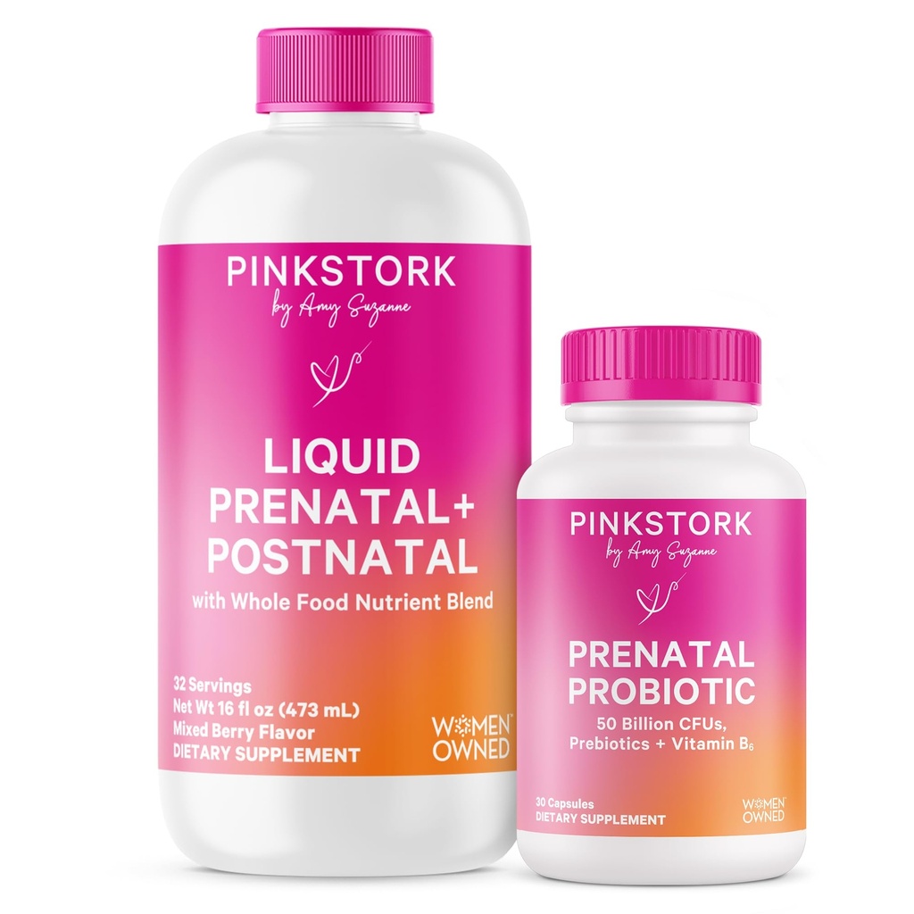 Pink Stork Liquid Prenatal Gut Health Bundle - Liquid Prenatal Vitamins and 50 Billion CFUs Probiotic Vitamins for Pregnancy, Gut Health, Immune Support, Pregnancy Must Haves