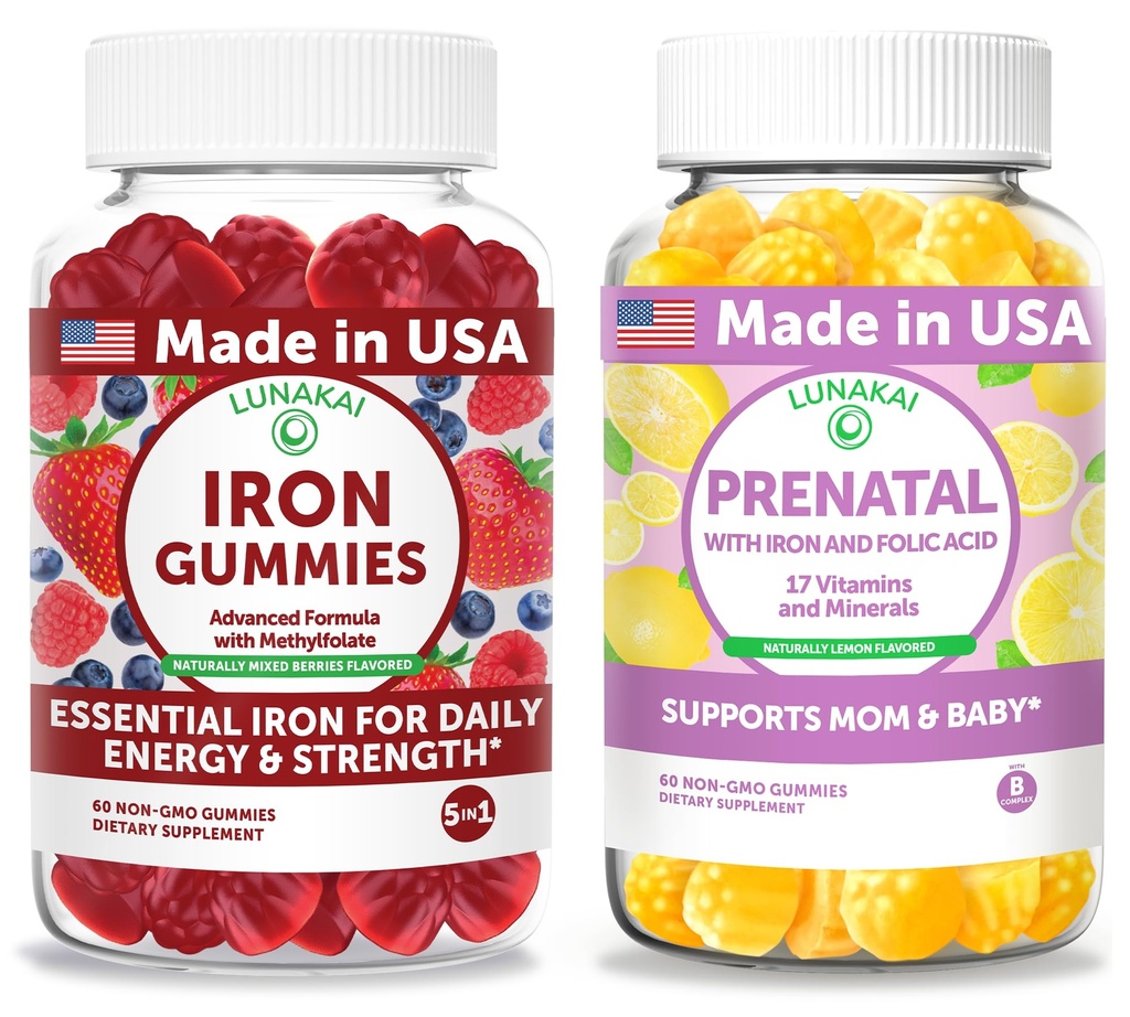 Lunakai USA Made Iron Gummies + Prenatal Gummies Bundle – Naturally Flavored, Non-GMO – 60ct Each