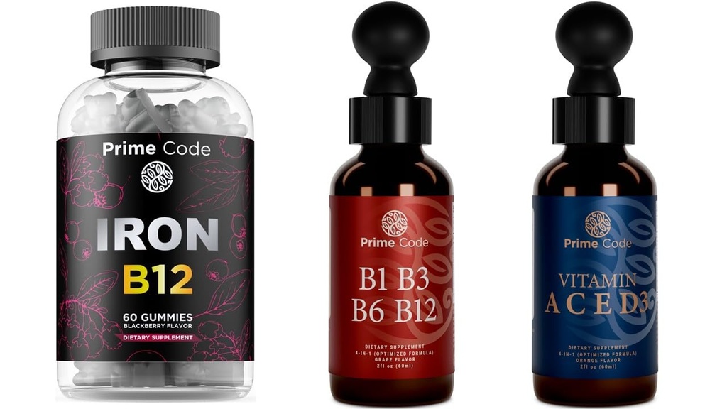 Prime Code Iron Gummies for Women & Men with Vitamin B12, Liquid Vitamin B1 Drops with Vitamin B3 B6 & B12, Liquid Vitamin A Supplement for Women & Men with Vitamin C E and D3
