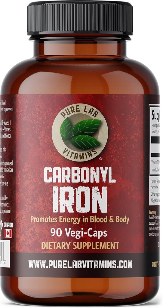 Pure Lab Vitamins Carbonyl Iron - 90 Vegan Caps Einzigartige Formulierung von Metallic Iron mit VIT C, Superior Bioverfügbarkeit - Nicht-Verhaltend, unterstützt Red Blood Cell Formation Made in Canada