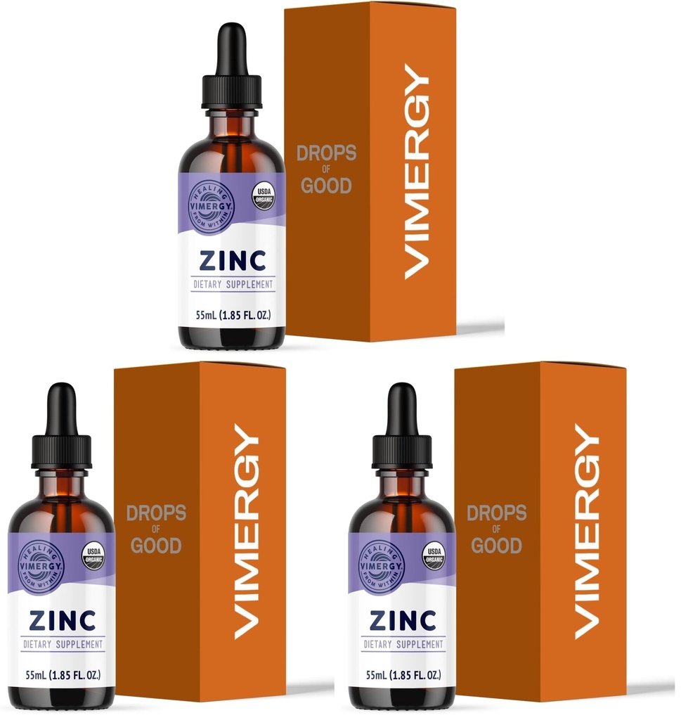 VIMERGY USDA Organic Zinc Supplements for Women & Men (7.5mg Liquid Zinc Per Serving) Fast-Absorbing Immune Support, Promotes Healthy Bones & Skin, Vegan (55 mL) (Pack of 3)