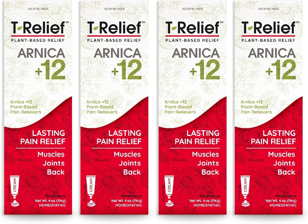 T-Relief Arnica +12 Cream Natural Relieving Actives for Back Pain Joint Sorness Muscle Aches & Stiffness, Whole Body Fast Acting Relief for Women & Men - 4 oz (4 Pack)