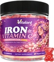 Iron Bisglycinate Gummies 25mg for Women & Kids, Gentle Chelated Iron Supplements with Vitamin C, Folate, Omega-3, Energy Support, Immune Health, Sugar Free, Peach Flavor, 60 Ct