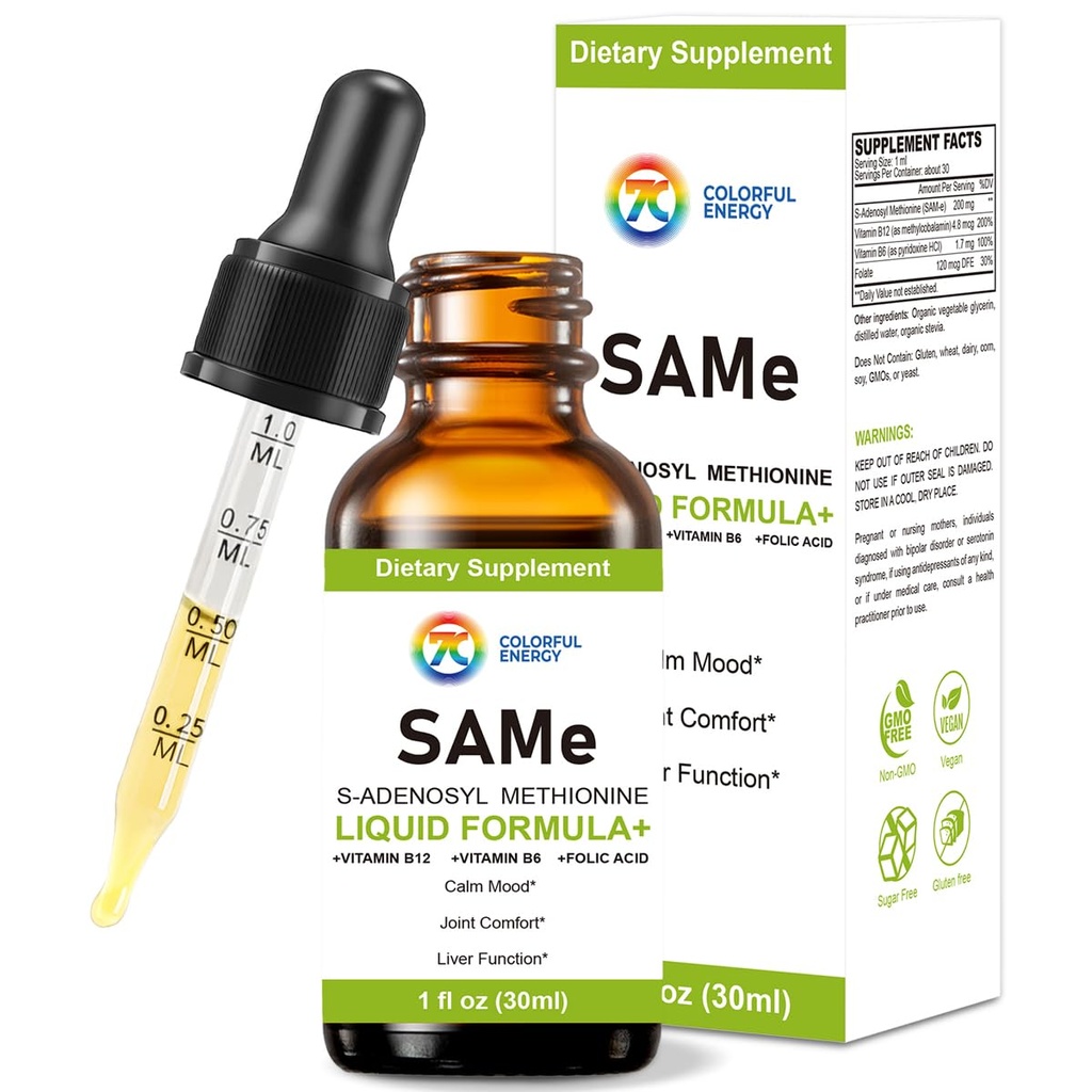 7c Sam e Liquid Supplement (S-Adenosylmethionine), Vitamin B6, B12 Added to Enhance Sam-e Effectiveness, 98% Absorption, Vegan, Non-GMO, Gluten-Free, 1 Fl Oz, 30 Servings