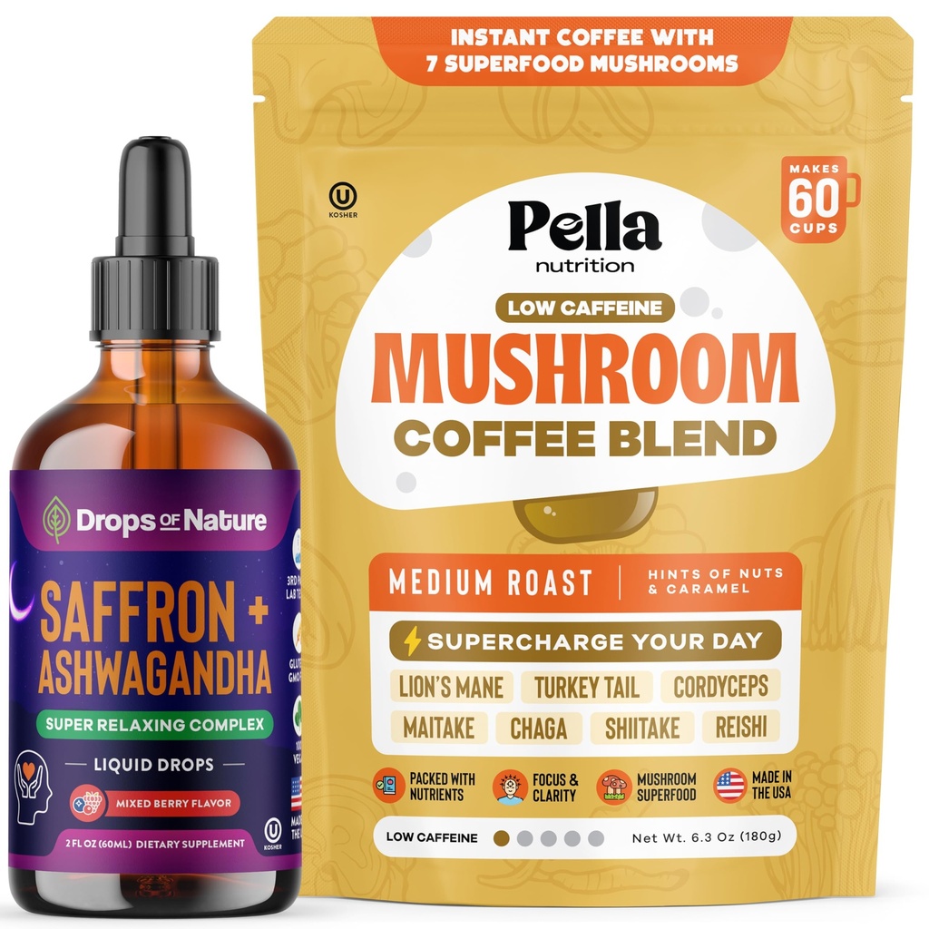 Drops Of Nature Ashwagandha & Saffron Liquid Drops Supplement (Mixed Berry, 60mL) & Pella Nutrition Mushroom Coffee with Lion's Mane (Low-Caffeine, 60 Cups) – Vegan, Non-GMO – Focus & Mood Balance
