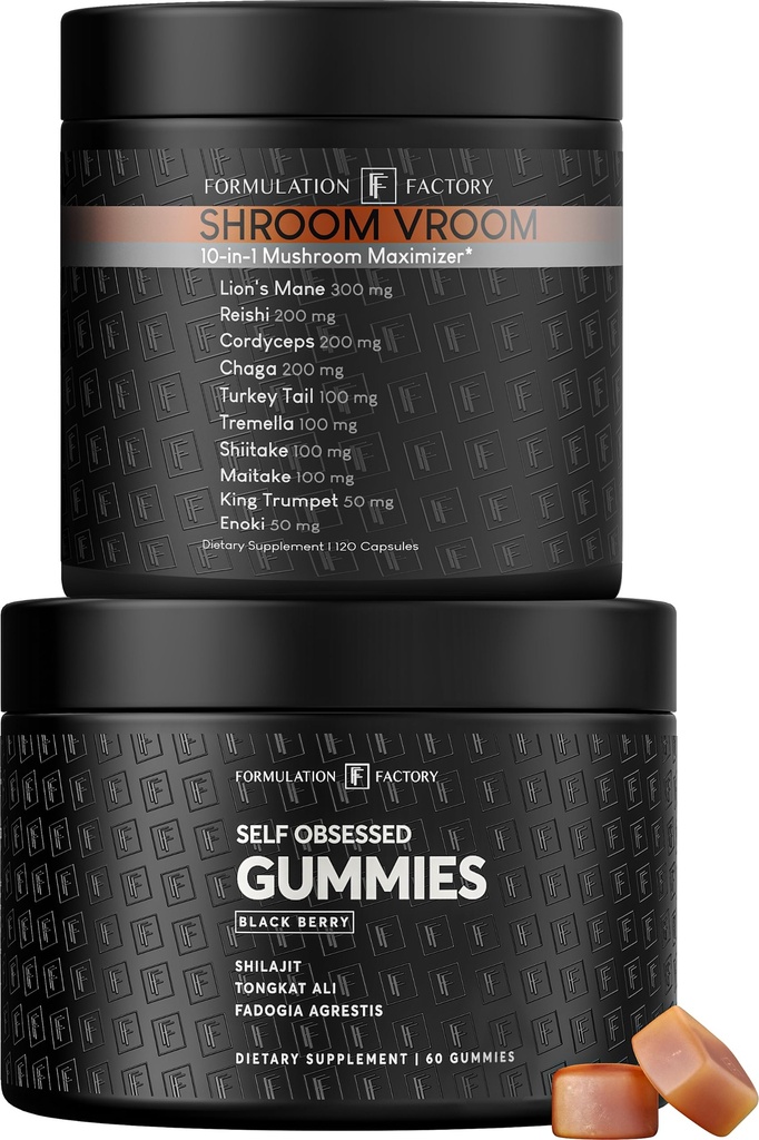 Self Obsessed Shilajit Gummies x Shroom Vroom (Bundle) – Men's Body & Mind Stack: Drive & Vitality Support Plus Cognitive Focus & Immunity with Shilajit, Tongkat Ali & Lion's Mane