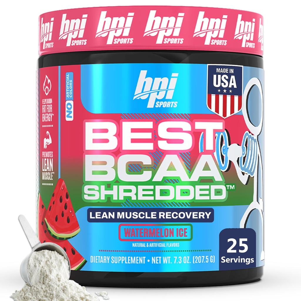 BPI Sports Best BCAA Shredded - Caffeine Free Thermogenic Recovery Drink, Lean Muscle Building BCAA Powder For Women and Men, Preworkout BCAAs Amino Acids Drink- Watermelon ICE - 25 Servings
