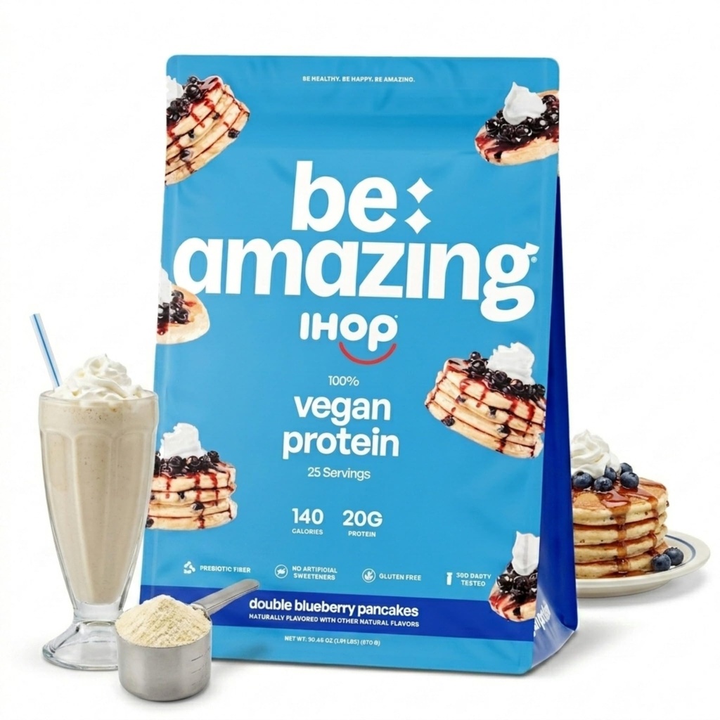 BE AMAZING Vegan Protein Powder, IHOP Double Blueberry Pancakes, 20g Plant Based Protein with Prebiotic Fiber, Low Carb, Dairy and Gluten Free Shake Mix, No Added Sugar, 29.3 oz, 25 Servings