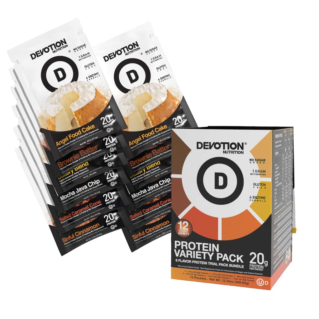 Devotion Nutrition Variety Pack Protein Powder for Shakes, Baking, Desserts – 20g Whey Isolate & Casein Blend – No Added Sugar, Low Carb, Gluten-Free, Keto-Friendly with MCT – 6 Flavors, 12 Packets