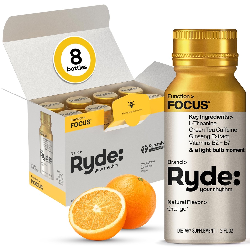 Ryde: Focus + Energy Shot, 0 Calories, 0 Sugar, L-Theanine & Ginseng, Green Tea Caffeine, Vitamins B2 & B7, 2 FL OZ Shots, Orange Flavor, Supports Focus (8 Pack)