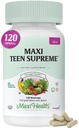 Maxi Health Teen Vitamins for Girls 12-17 - Teen Multivitamin D3, Iron, Calcium, Biotin, Zinc, Digestive Enzymes – Teenager Girl Multi Vitamins for Healthy Skin, Immune & Mood Support – 120 Count