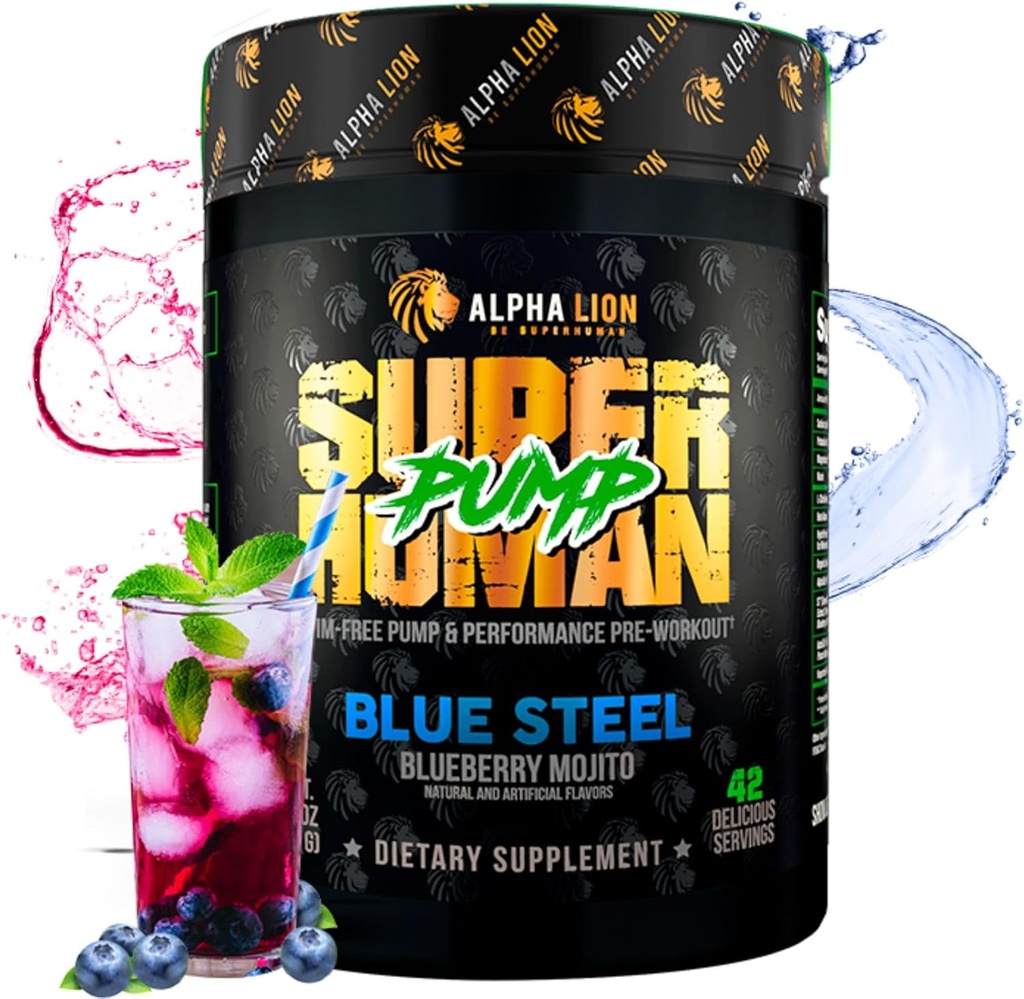 ALPHA LION Superhuman Pump Pre Workout Powder, Nootropic Caffeine & Stim Free Preworkout Supplement, Nitric Oxide Booster, Muscle Gainer, Energy & Focus (42 zerbitzu, Blueberry Steel Flavor)