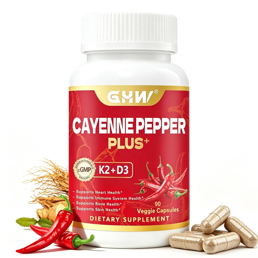 Cayenne Pepper Capsules,with Vitamin D3 & K2,All-Natural Herbal Supplements,Non-GMO,Gluten-Free,Supports Cardiovascular and Digestive Health,90 Capsules