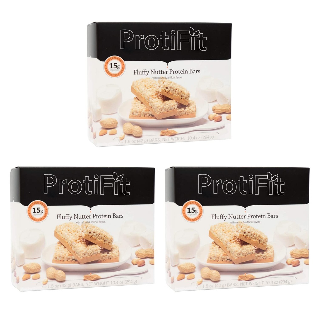 PROTIFIT - Low Calorie Fluffy Nutter Protein Bar 3 Pack, High Protein, 15g Protein, Low Carb, Low Sugar, Ideal Protein Compatible, 7 Servings Per Box, (3 Pack)