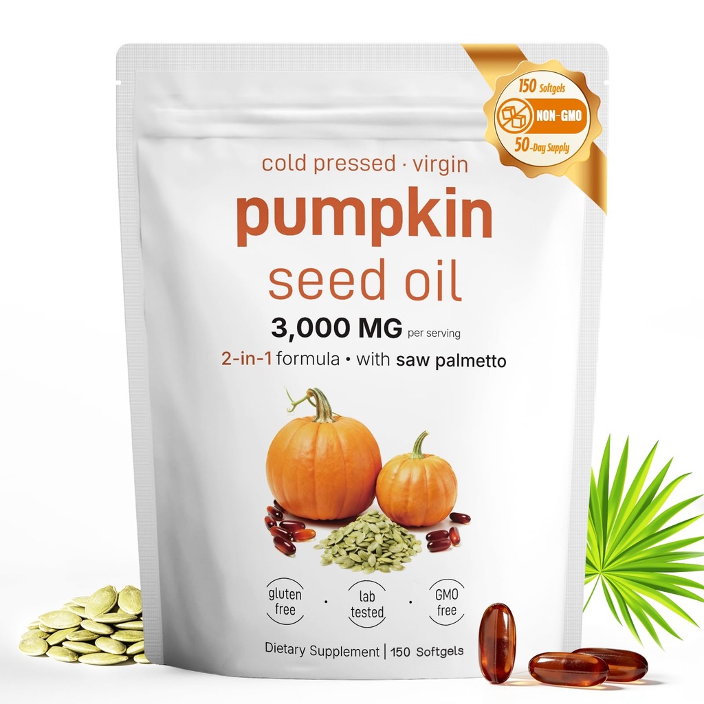 Pumpkin Seed Oil with Saw Palmetto - Cold-Pressed Softgels for Hair Growth & Prostate Support - Organic Supplement for Men & Women, Non-GMO, 150 Softgels