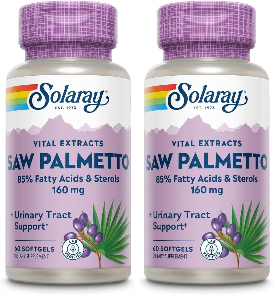SOLARAY Saw Palmetto Extract - Prostate Health and Urinary Tract Support - 136 mg Fatty Acids and Sterols - Lab Verified (60 Servings, 60 Softgels) (Pack of 2)