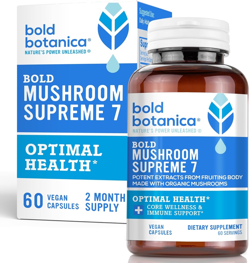 Bold Botanica Mushroom Supreme 7 – Pilzergänzung – Bio-Extrakte der Türkei Tail, Chaga, Phellinus, Reishi, Cordyceps, Maitake, Shiitake für Immununterstützung & Optimale Wellness, 60 Caps