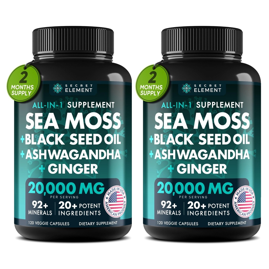 Secret Element Irish Sea Moss Black Seed Oil Ashwagandha Ginger, 20,000mg Capsules, Seamoss Black Seed Oil Ashwagandha Burdock Root, All in One Supplement, 120 Capsules, Pack of 2