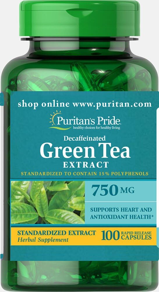 תה ירוק של Puritan's Pride Decaffeinated מופק 750 מ"ג 100 קפסולות