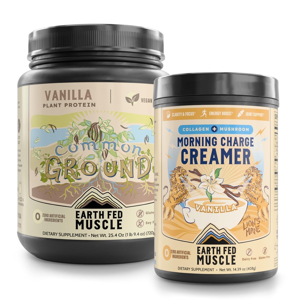 Earth Fed Muscle Plant-Powered Performance Bundle – Common Ground Vegan Vanilla Protein + Morning Charge Coffee Creamer with Collagen & Lion’s Mane – Clean Energy, Focus & Recovery – 2-Pack
