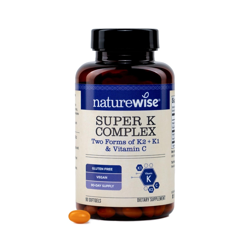 NatureWise Super K Complex - Vitamin K2 + K1 + C - Vegan K2 Vitamin Supplement for Heart + Bone Health Support - Non-GMO, Gluten Free, USA Manufactured - 90 Softgels[90 Day Supply]