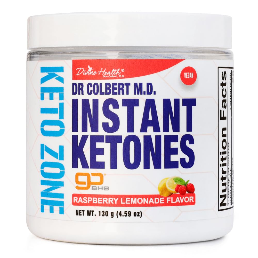 Dr. Colbert, MD Instant Ketones Powder | Raspberry Lemonade | Keto Zone | Divine HEalth | Recommended in The Keto Zone Diet Book | GoBHB | Exogenous BHB Ketone Salts | 4.59oz | 21 Servings