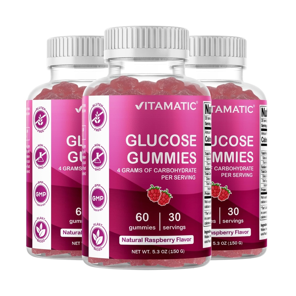 Vitamatic Glucose chewable Gummies - 60 Count - Natural Raspberry Flavor - 4G of Carbohydrate per Serving (3 Bottles)