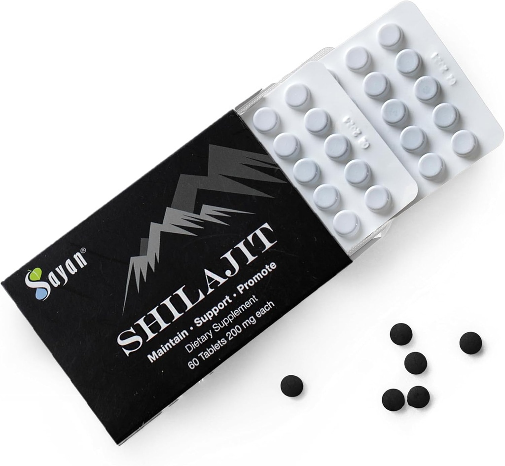 Sayan 100% 纯 Shilajit 片, 12 000mg 高性能补充剂, 比Resin & Capsules 更有效, 85+ 来源于 10,000 ft 实验室测试的 Trace Minerals for Purity. 60张平板电脑 -- -- 1-2个月供应量