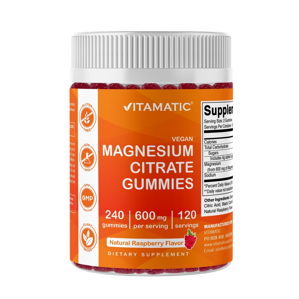 Vitamatic Magnesium Citrate Gummies 600mg per Serving - 240 Vegan Gummies - Natural Raspberry Flavor - High Absorption Magnesium Supplement - Supports Nerve, Bone and Muscle Health