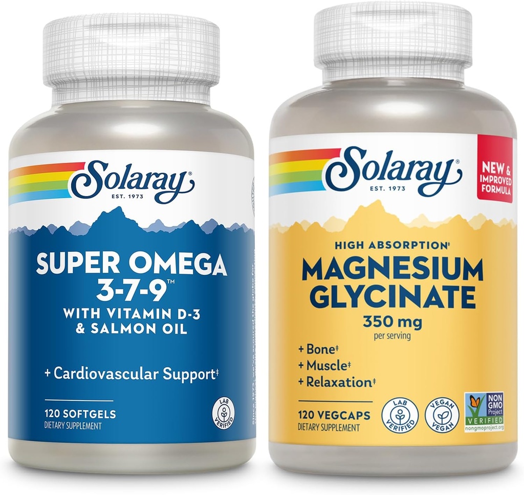 SOLARAY Super Omega 3, 7, 9 och Magnesium Glycinate Bundle - Essential Fatty Acids och Chelated Magnesium Gisglycinate för hälsosamt hjärta, ben och avkopplingsstöd - 120 Softgels, 275 VegCaps
