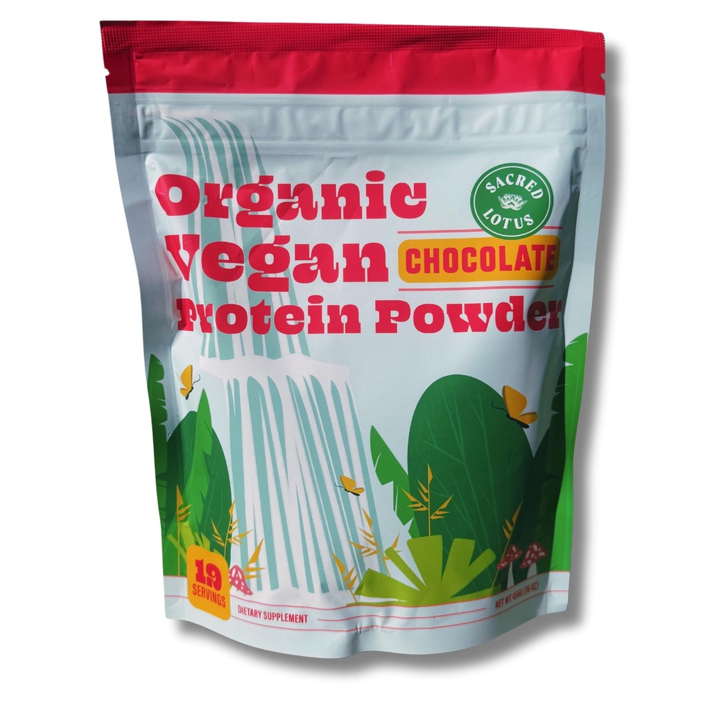 Sacred Lotus Vegan Protein Powder | Organic Chocolate Plant-Based Protein | Brown Rice & Pea Protein Blend | No Dairy, Soy, or Added Sugar | 18g Protein Per Serving | 19 Servings |15.4 oz