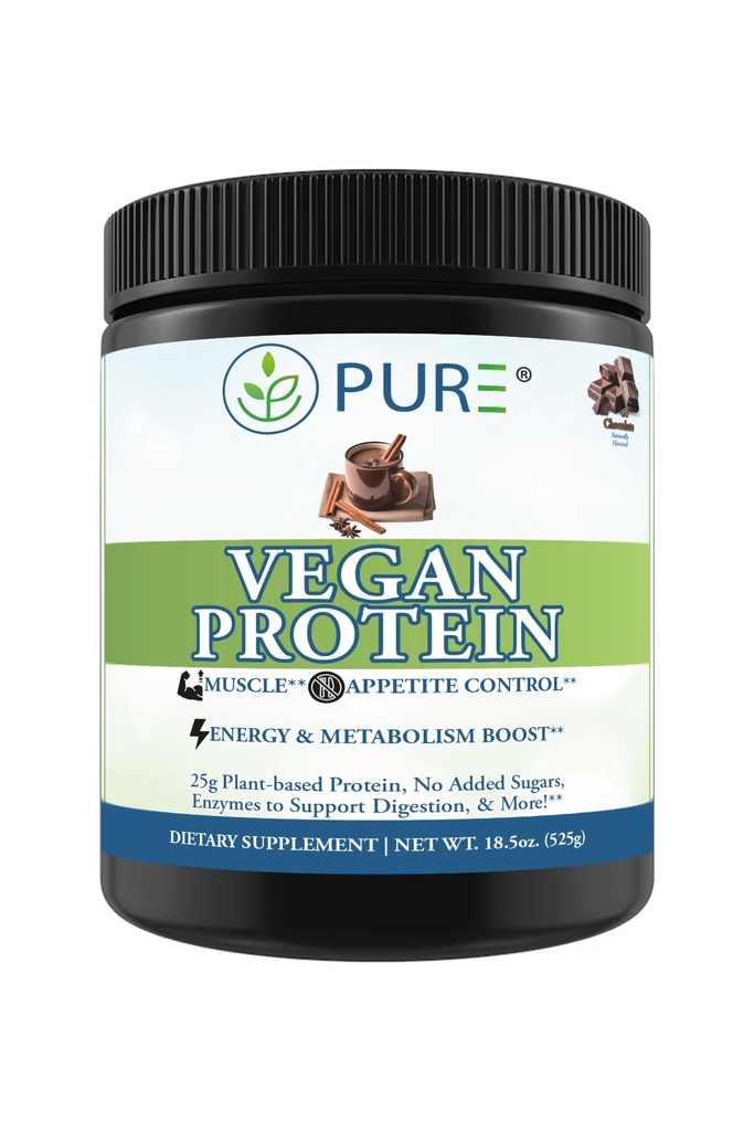 PURE® Vegan Protein Powder - 25g Plant Based Protein, 15 Servings - Pea & Mung Bean Blend with Digestive Enzymes - Dairy-Free - Muscle Recovery & Appetite Control - Chocolate 525 Grams