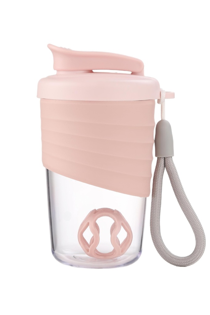 Protein Shaker Bottle, Pink, 14 oz Leak-Proof with Non-Slip Silicone Grip, Mixing Ball, Detachable Nylon Strap