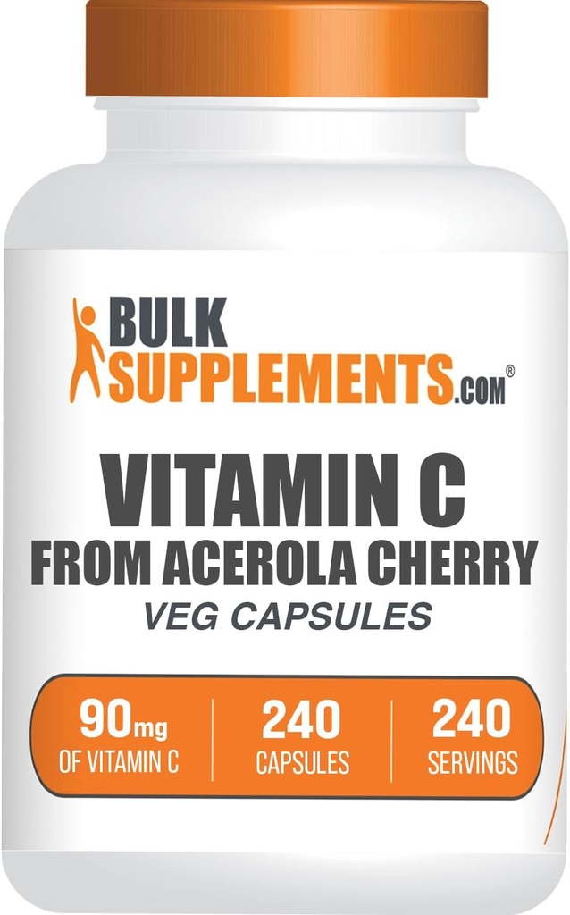 BulkSupplements.com Vitamina C din capsulele de vișină Acerola - Acerola Cherry Vitamina C - Gluten gratuit, 1 capsulă per Serving, 240 Veg capsule (Pachetul de 1)