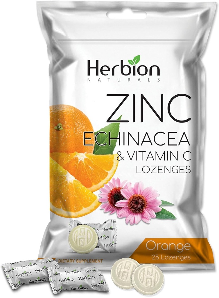 HERBION Naturals Zinc, Echinacea & Vitamin C Lozenges 25 CT, Dietary Supplement for Adults & Children 5+, Promotes Wellness for the Whole Family, 25 Count, Orange, Pack of 1