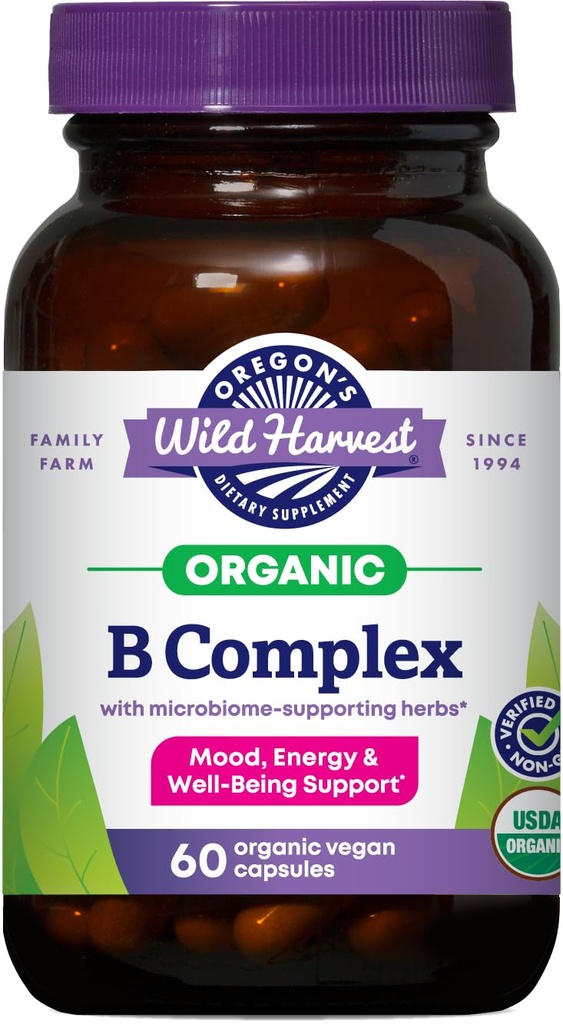 Oregon's Wild Harvest B Complex Capsules | 60 USDA Certified Organic Vegan Capsules | Whole Food B Vitamins with Microbiome-Supporting Herbs | Non-GMO, Gluten-Free, Dairy-Free, Soy-Free