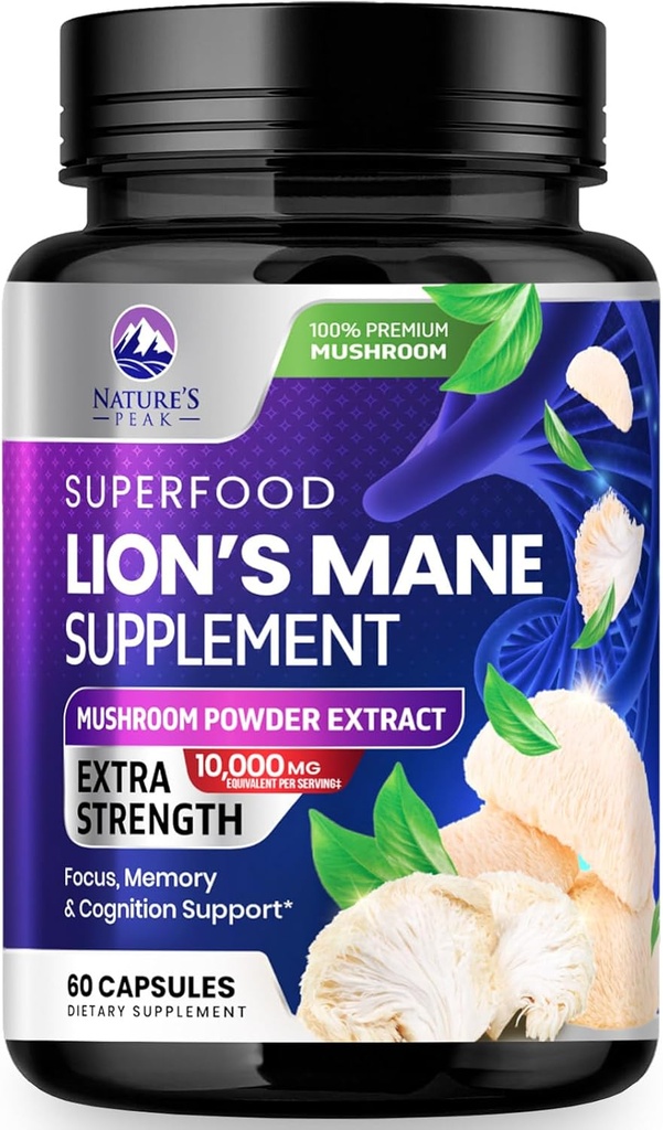 Lions Mane Mushroom Capsules 10.000mg - Lion’s Mane Supplement Capsule per Memoria e Supporto Focus, Cervello, Supporto per la Salute Immune, Vegan, Bottigliato negli Stati Uniti, Lions Mane Mushroom Powder Extract, 60 Count
